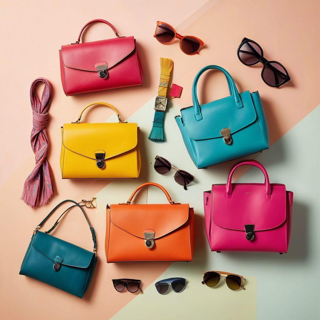 A stylish flat lay featuring an array of bags in various designs and colors, including a chic tote, a sleek clutch, a trendy backpack, and an elegant crossbody. Surrounding the bags are complementary fashion accessories like sunglasses, a watch, and a scarf, all on a soft pastel background. Incorporate a subtle gradient to evoke a sense of sophistication and style. vibrant colors. minimalistic design.