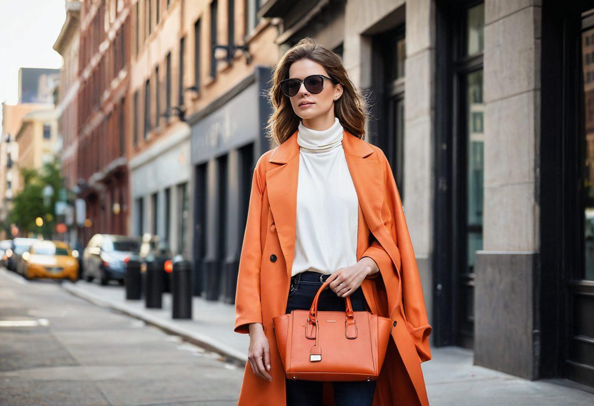 A fashionable woman transitioning from casual to chic, showcasing an array of stylish handbags and travel accessories. The scene features vibrant colors with a variety of textures, including leather and fabric, set against a chic urban backdrop. Accessories like sunglasses and scarves are artfully arranged to enhance the fashionable vibe. The lighting is soft yet bright, creating an inviting atmosphere. super-realistic. vibrant colors. urban style.